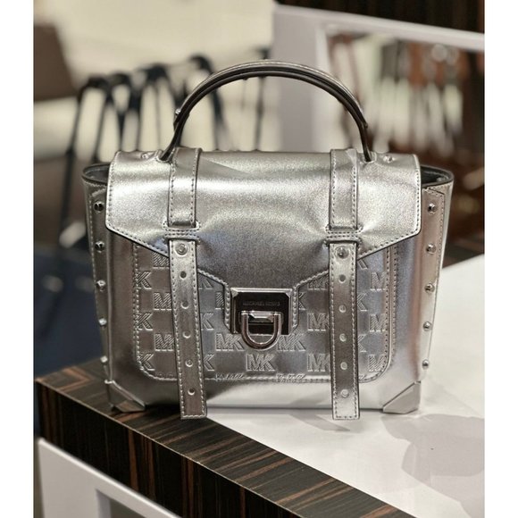 Michael Kors Manhattan Satchel Medium Leather Silver - Picture 1 of 8